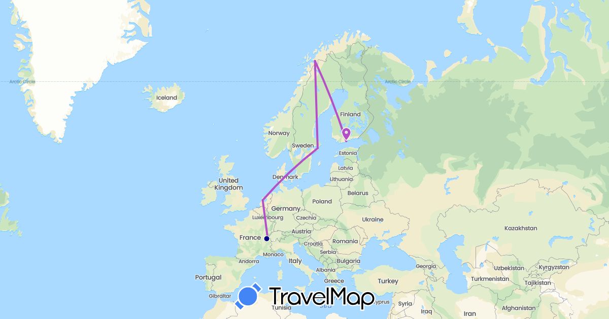 TravelMap itinerary: driving, train in Finland, France, Norway, Sweden (Europe)